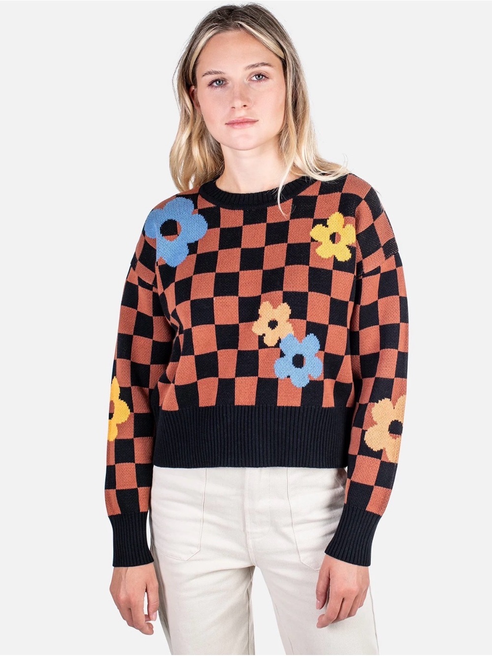Jetty Women’s Brown Jacquard Checkered Crescent Sweater